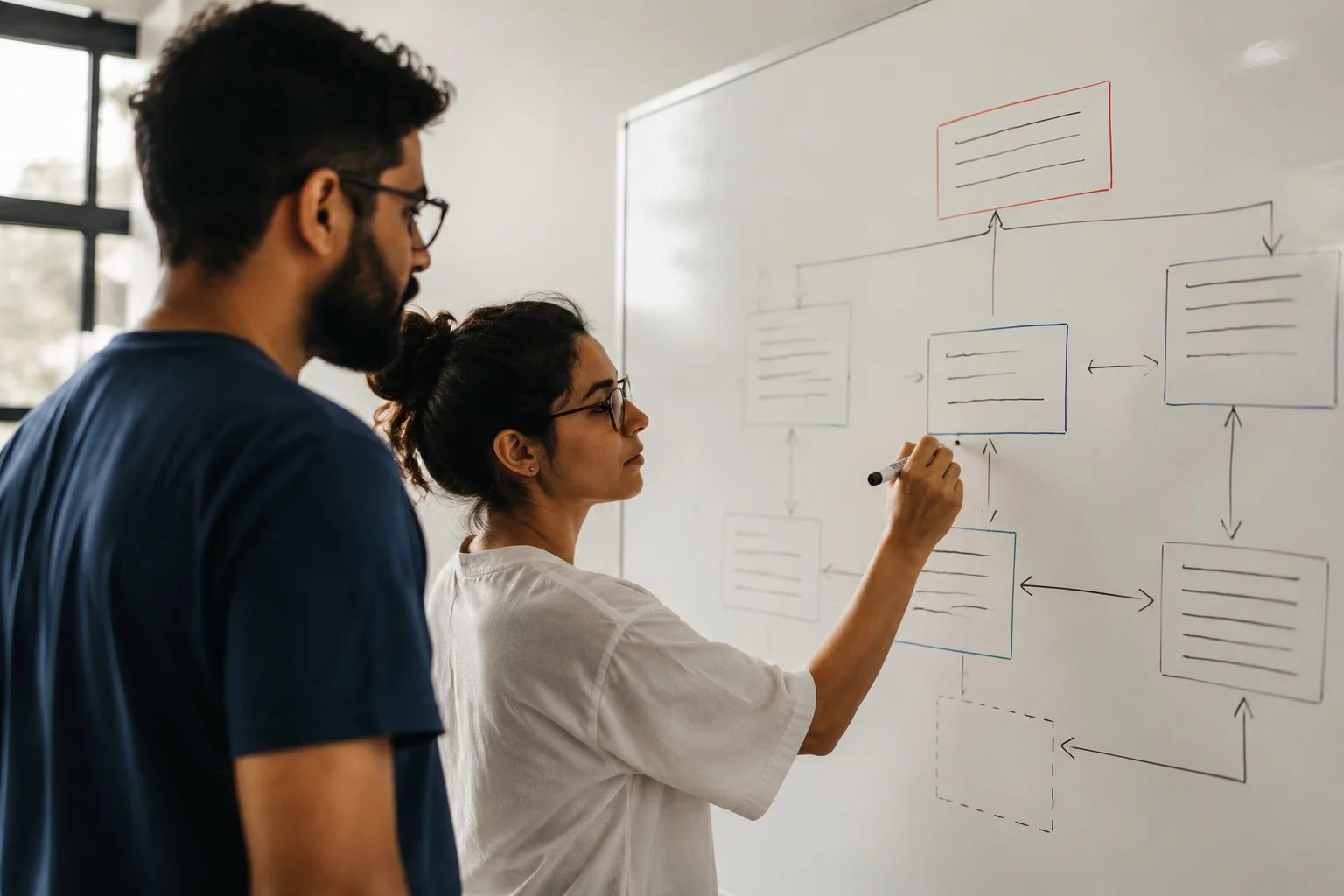 Duas pessoas diante de um quadro branco com um mapa de argumento desenhado à mão