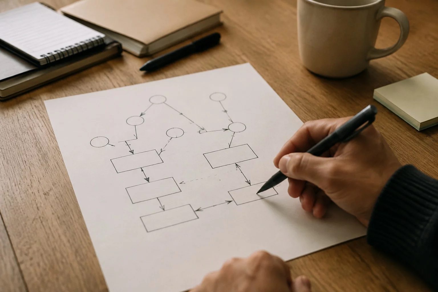 Vista de cima de uma mesa com um diagrama de lógica desenhado à mão