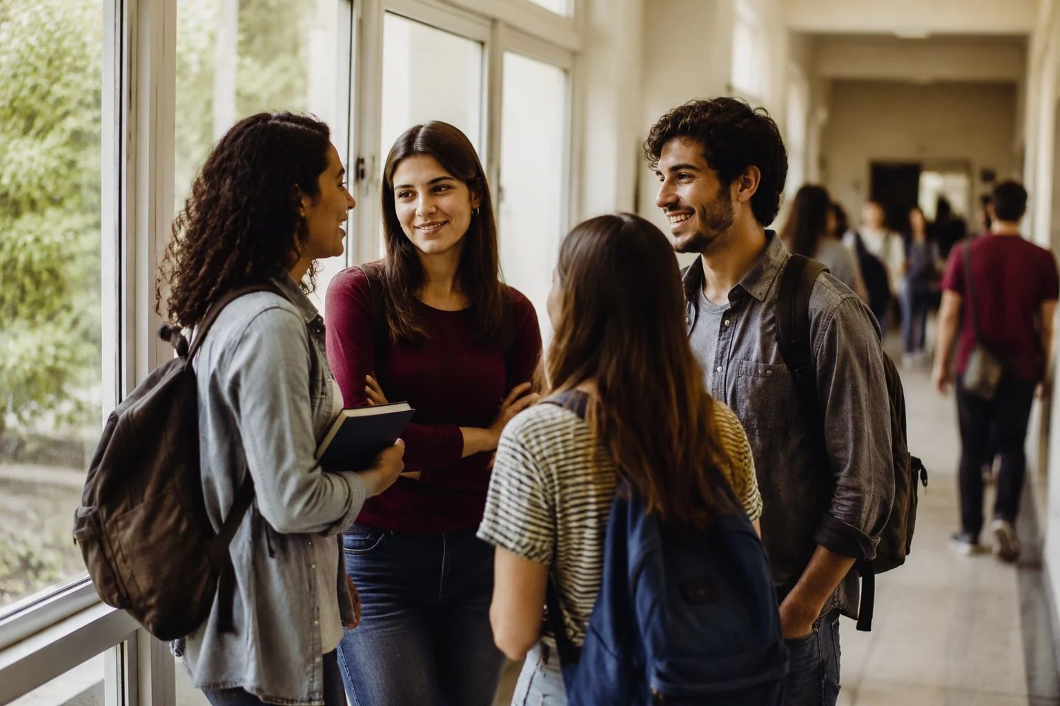 Estudantes com mochilas conversando no corredor de uma universidade