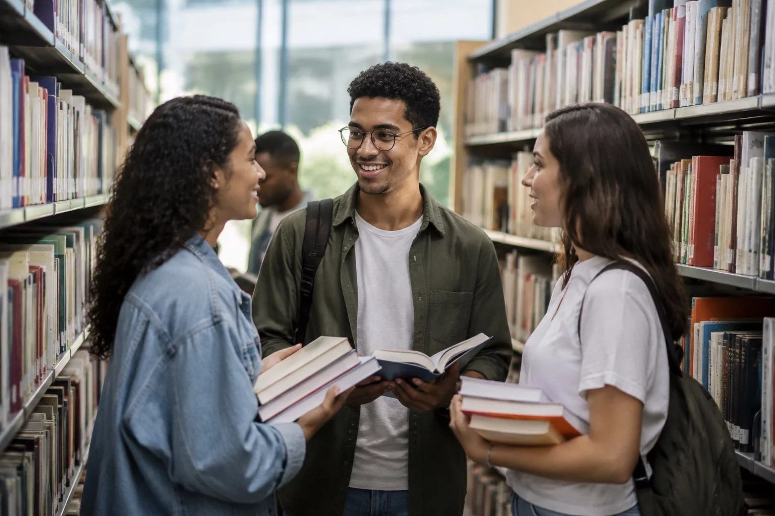 Estudantes conversando em pé entre as estantes de uma biblioteca