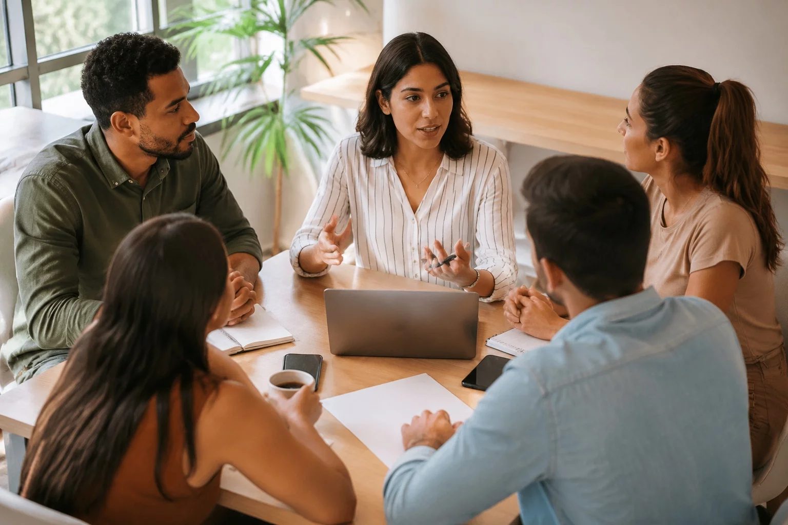 Profissionais em uma sala de reunião clara, uma pessoa explicando