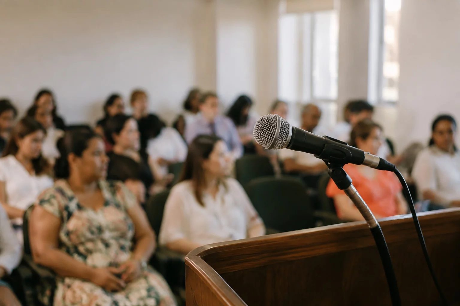 Microfone sobre uma tribuna, com a plateia sentada desfocada ao fundo
