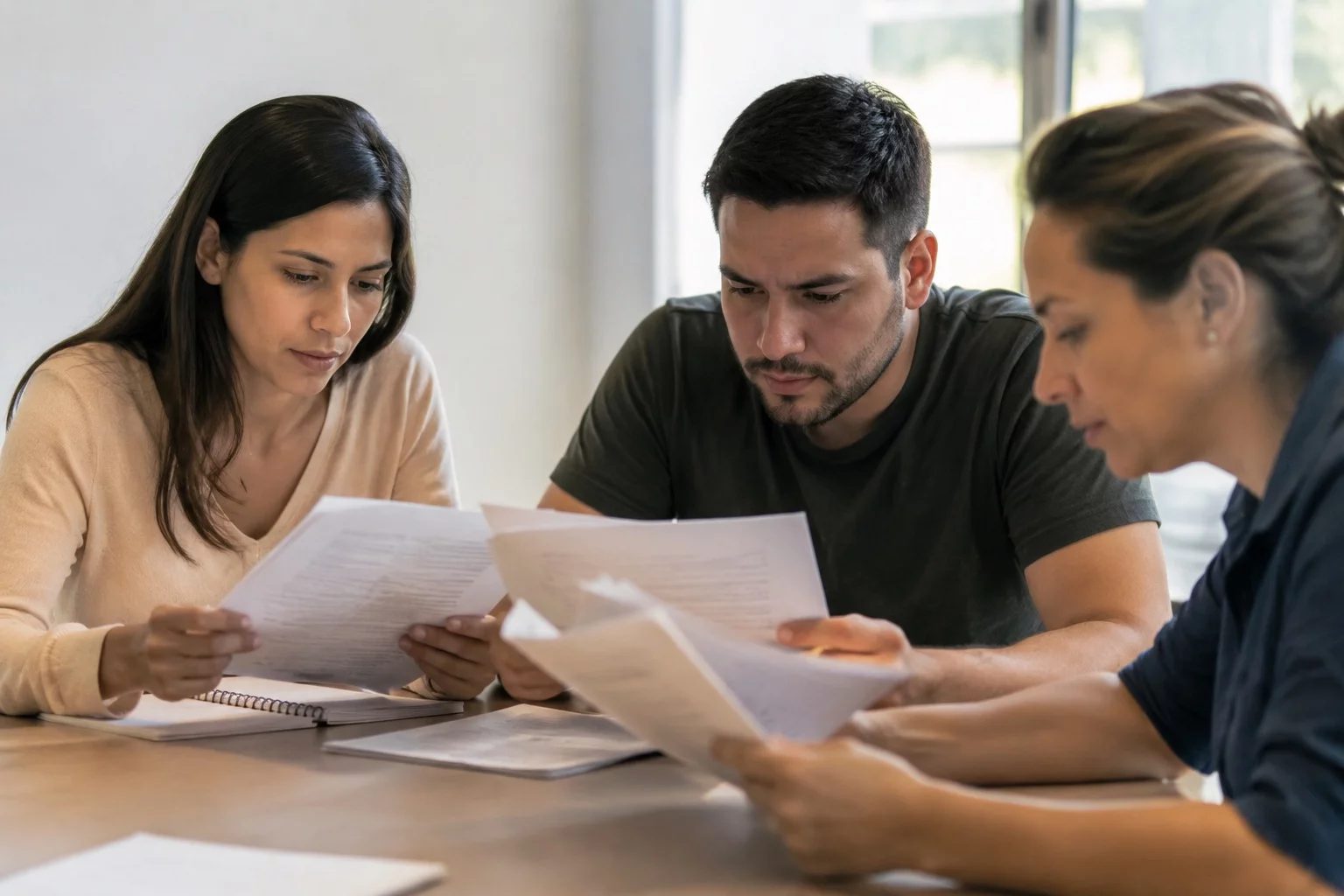 Grupo pequeno lendo páginas impressas de argumentos ao redor de uma mesa