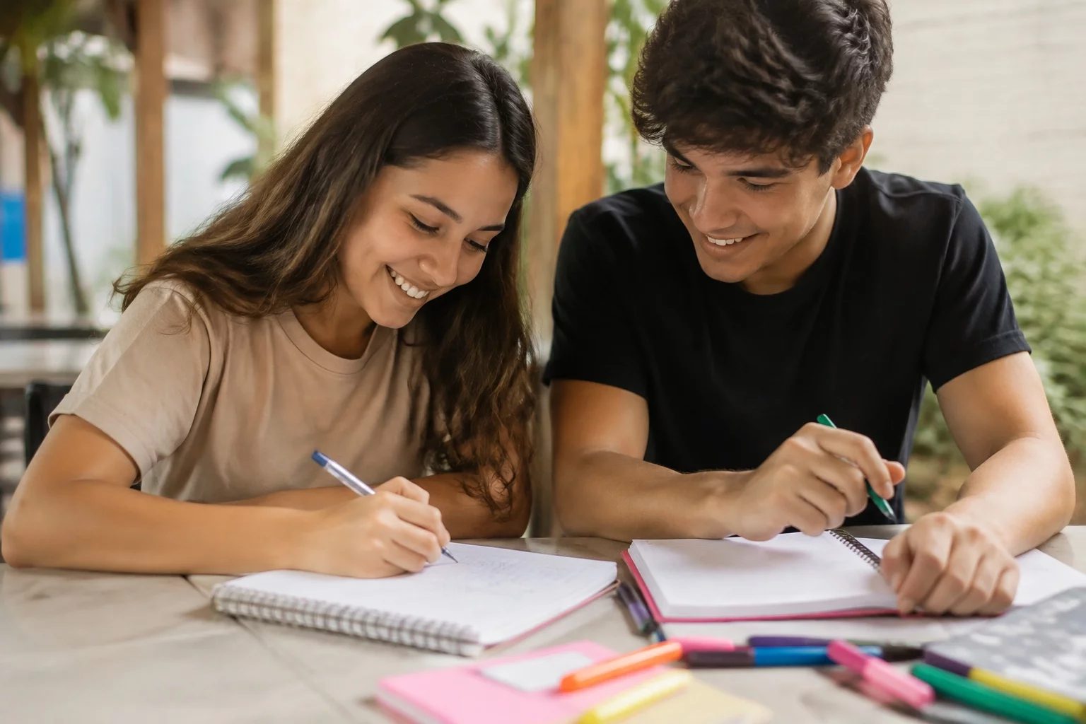 Dois estudantes preparando um debate com cadernos e marcadores