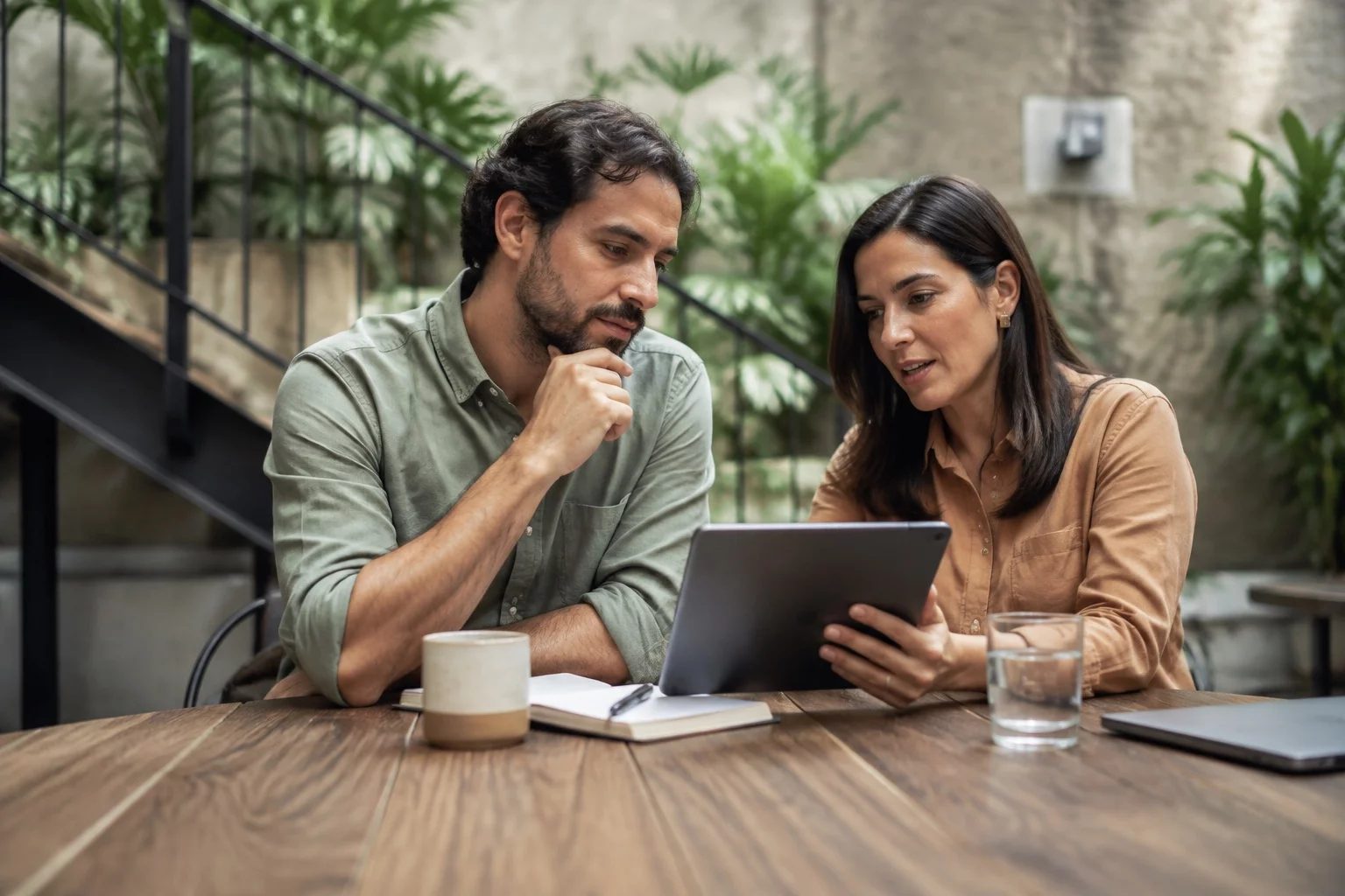Duas pessoas revisando anotações em um tablet sobre uma mesa de madeira