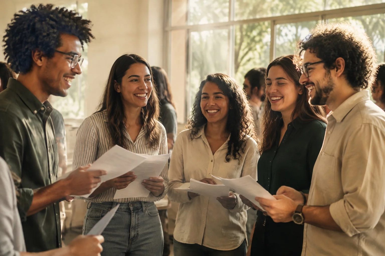 Grupo sorrindo após uma rodada de debate, com papéis nas mãos